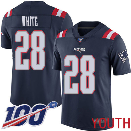 New England Patriots Football 28 100th Season Rush Limited Navy Blue Youth James White NFL Jersey